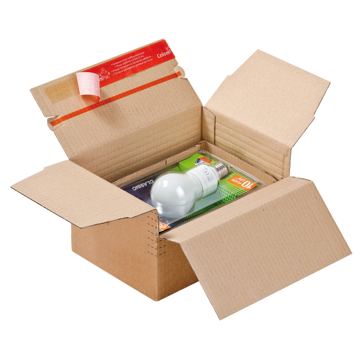 Kartong med variabelt djup och självförslutande förslutning för frakt