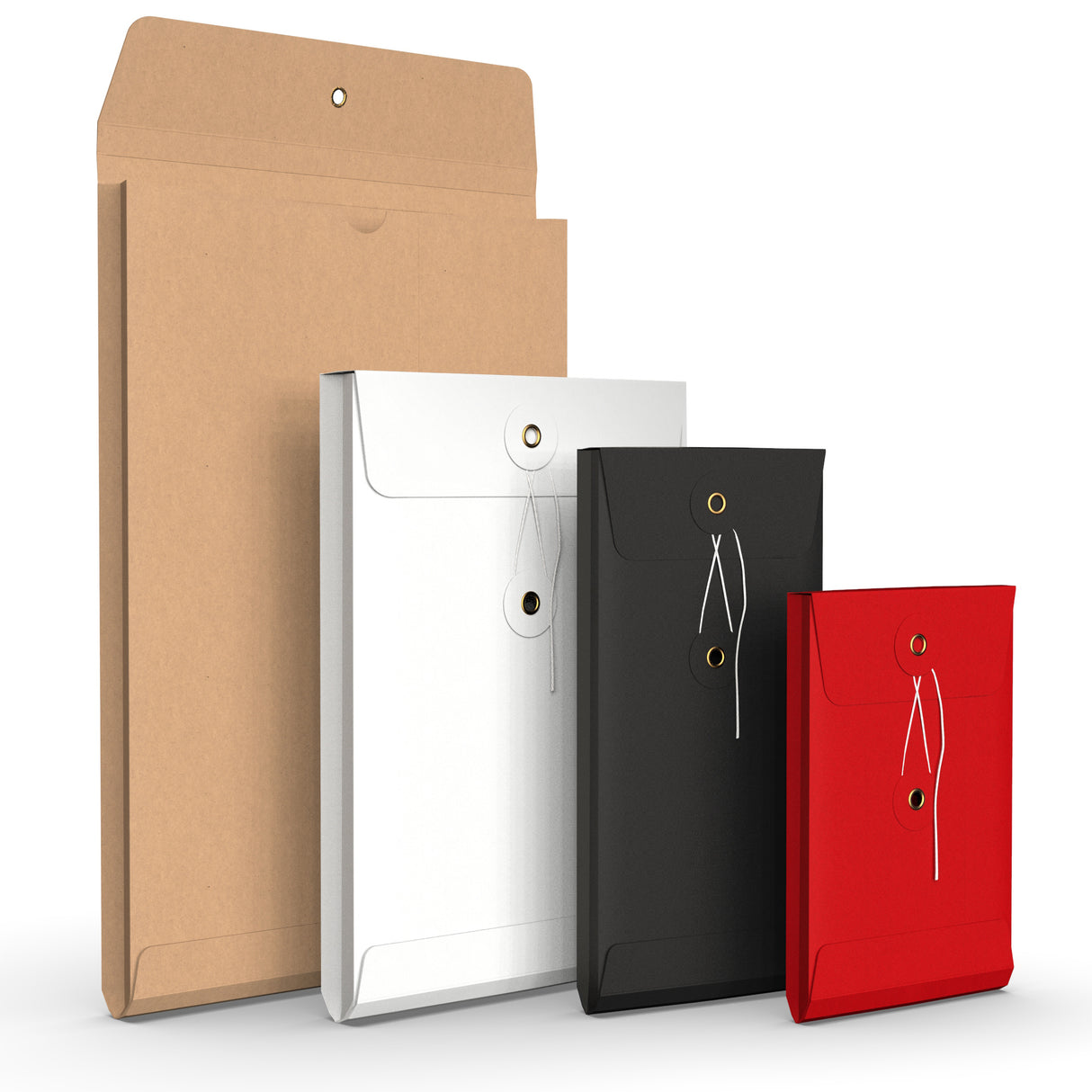 Kuvert med sträng och bricka och bälgsidor